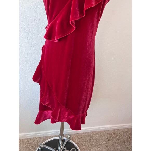 Express Velvet Red One Shoulder Mini Dress Ruffle V Neck size Small Whimsigoth - Picture 6 of 11